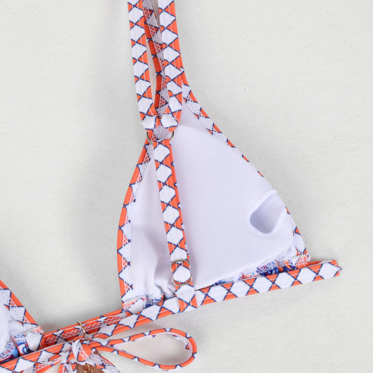 Retro 4-color printed women's bikini with red, blue, and white paisley pattern, featuring a triangle top and high-cut bottom. - Image 20