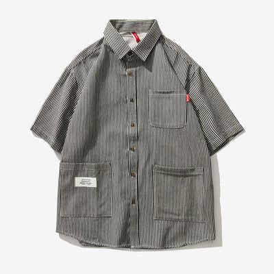 Camisa Suelta a Rayas con Múltiples Bolsillos para Hombre - Image 9