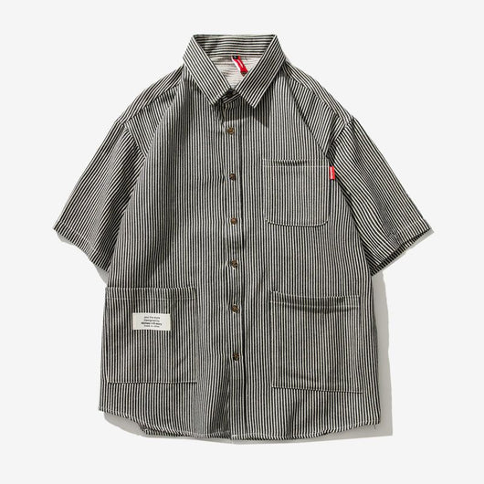 Camisa Suelta a Rayas con Múltiples Bolsillos para Hombre - Image 9