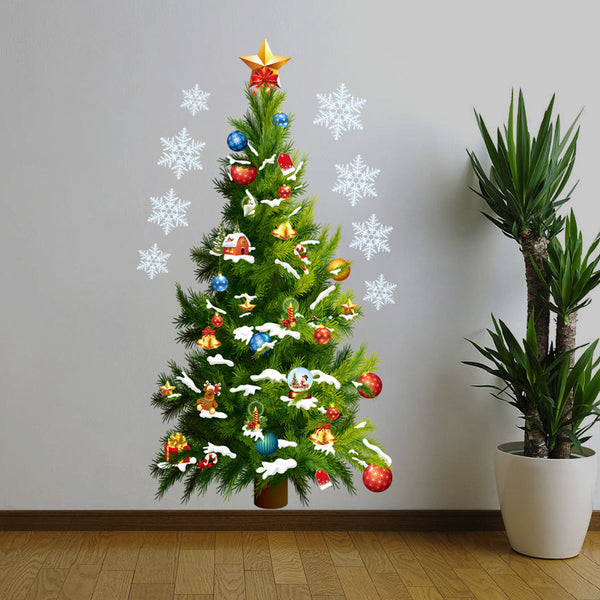 Vinilo Decorativo Navideño 3D - Árbol, Estrellas y Copos de Nieve Removible
