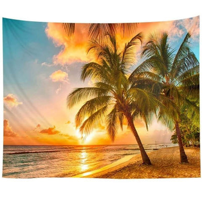 Hawaii Sunset Tapestry featuring a vibrant orange and blue sunset over a tropical beach with palm trees and ocean waves. - Image 2