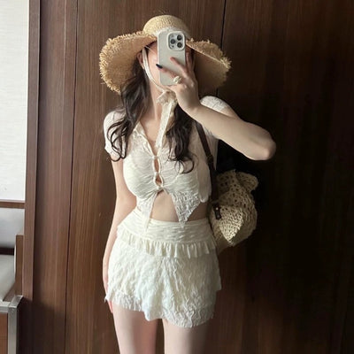 Fashion personalized black split bikini with sheer short-sleeve top, matching mini skirt with ruffle and lace trim. - Image 7