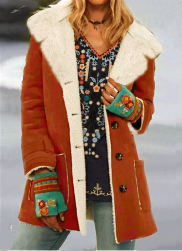 Chaqueta de Felpa Midi con Solapas y Bolsillos Parche