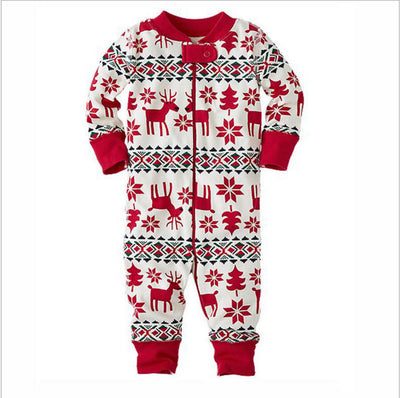 White and red Christmas parent-child pajama set with reindeer, snowflake, and geometric patterns. - Image 3