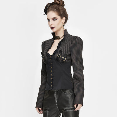 Camisa Vintage Patchwork con Cuello Parado Slim para Mujer - Image 3