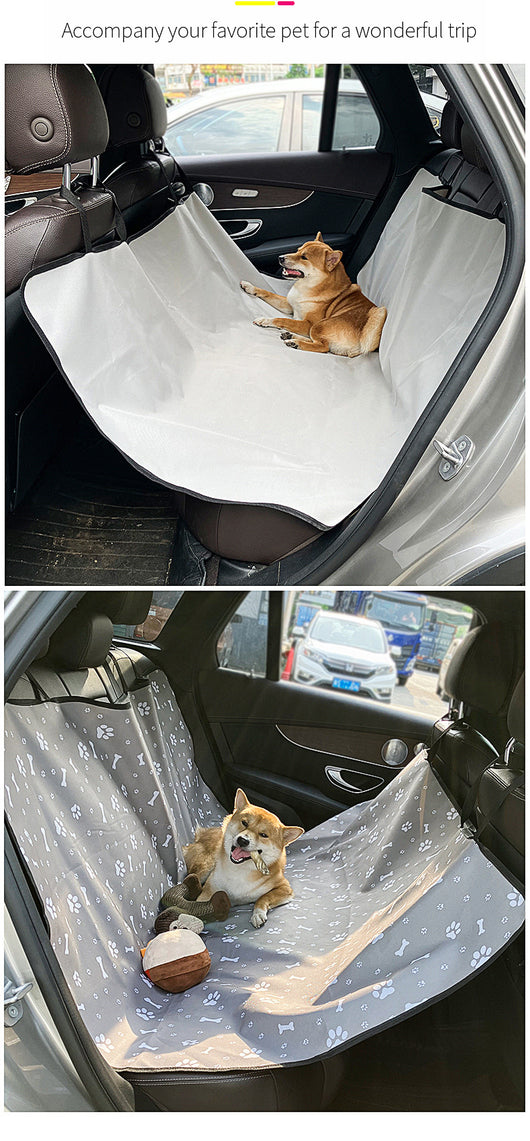 Pink car pet mat with white paw print and bone patterns, featuring black straps for securing to a rear seat. - Image 21