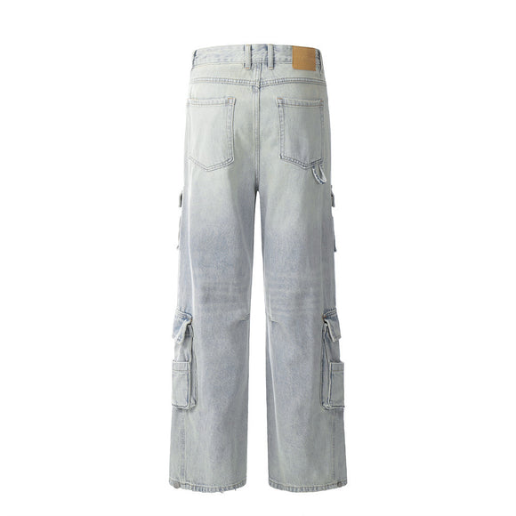 Macacão Jeans Claro Masculino com Múltiplos Bolsos e Corte Reto Largo