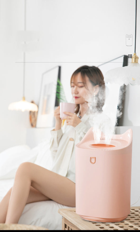 Beige double nozzle humidifier with cat ear design emitting mist, shown in a warm-toned indoor setting. - Image 3