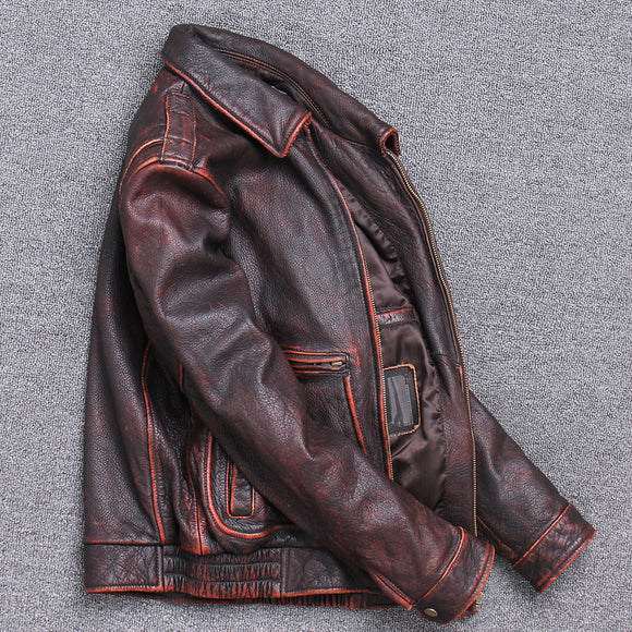 Chaqueta de Cuero Grueso Vintage - Estilo Casual Envejecido