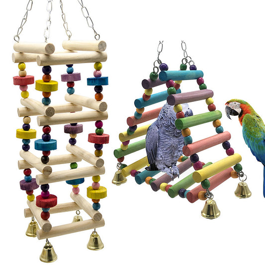 Colorful wooden bird toy with ladder-style perches, round beads, and bells, designed for parrots and parakeets.