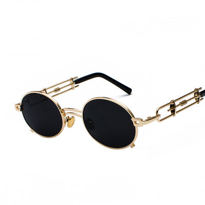 Black individual steampunk sunglasses with round clear lenses and unique metal frames on a white background. - Image 6