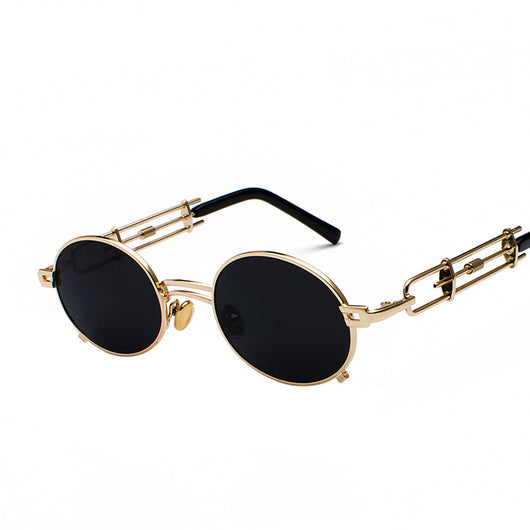 Black individual steampunk sunglasses with round clear lenses and unique metal frames on a white background. - Image 6