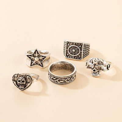 Set de 5 Anillos Hip-hop Punk Calavera Estrella y Amor para Halloween