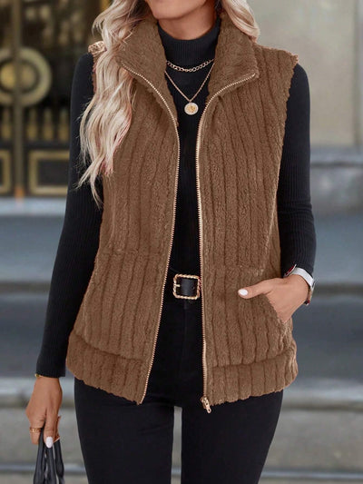 Jaqueta Colete Feminina Casual De Outono E Inverno Com Zíper E Gola Alta