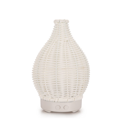 Mini ultrasonic aroma diffuser with a brown hollow rattan-style body and a white base, featuring control buttons. - Image 6