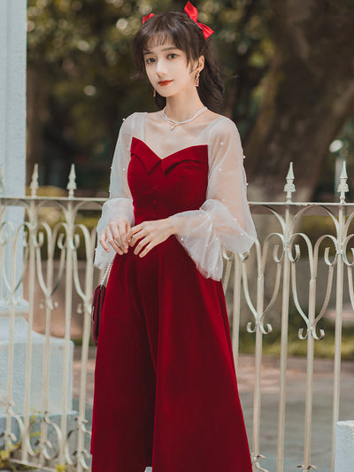 Vestido de Terciopelo Rojo Manga Larga para Compromisos y Eventos - Image 11