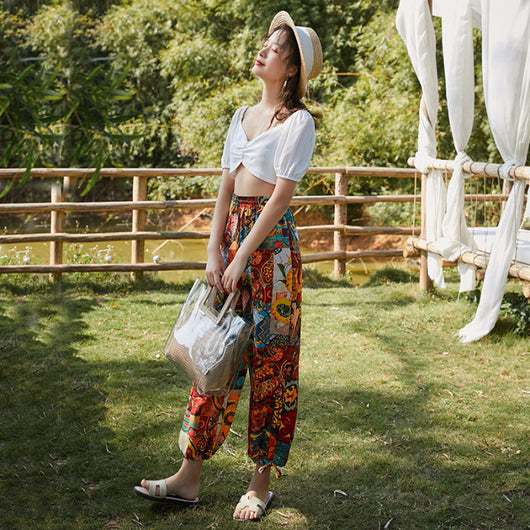 Pantalones Sueltos de Playa con Estampado Retro para Mujer - Image 5
