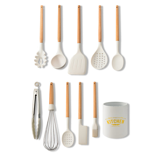 Set de Utensilios de Cocina en Silicona con Mango de Madera Crema - Image 8