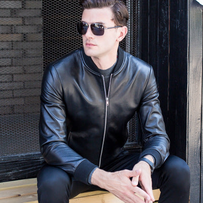 Chaqueta de Cuero para Hombre con Cuello Tipo Béisbol