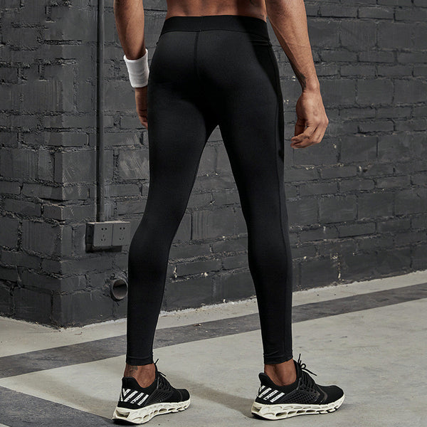 Black men's fitness pants with a tight fit, elastic waistband, and reflective strips on the lower legs.
