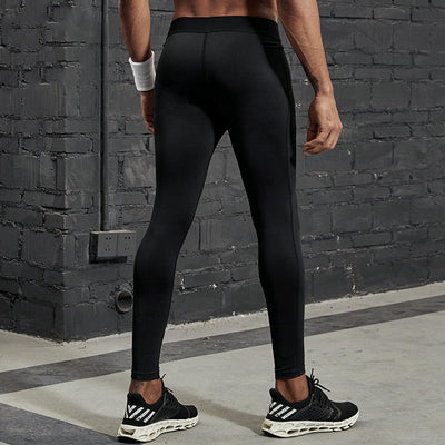 Black men's fitness pants with a tight fit, elastic waistband, and reflective strips on the lower legs.