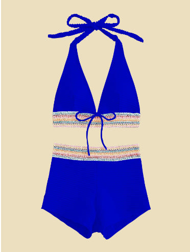 Navy blue ribbed two-piece bikini with a twisted front top and high-waisted ruched bottoms. - Image 15