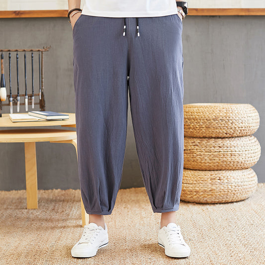 Pantalones Anchos Estilo Chino de Algodón y Lino para Hombre