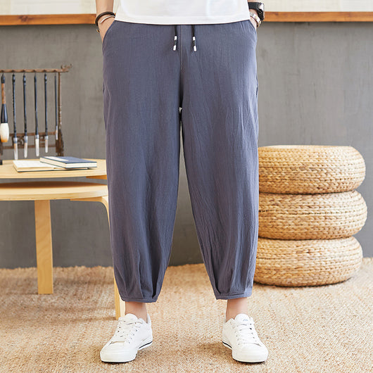 Pantalones Anchos Estilo Chino de Algodón y Lino para Hombre
