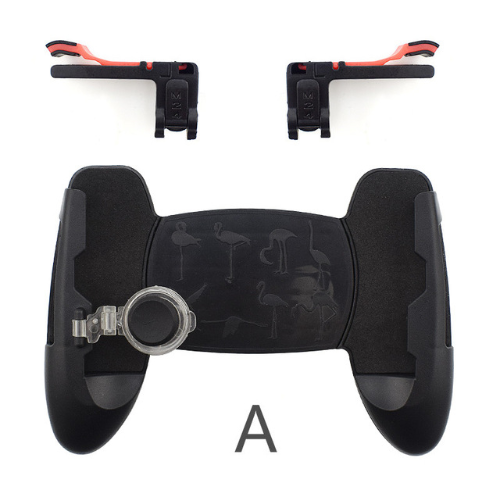 Black mobile gaming controller grip with two red and black clip-on trigger buttons and a small joystick. - Image 2