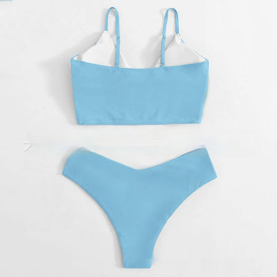 Bright yellow two-piece bikini swimsuit with a crop top and high-cut V-front bottoms, laid flat. - Image 7