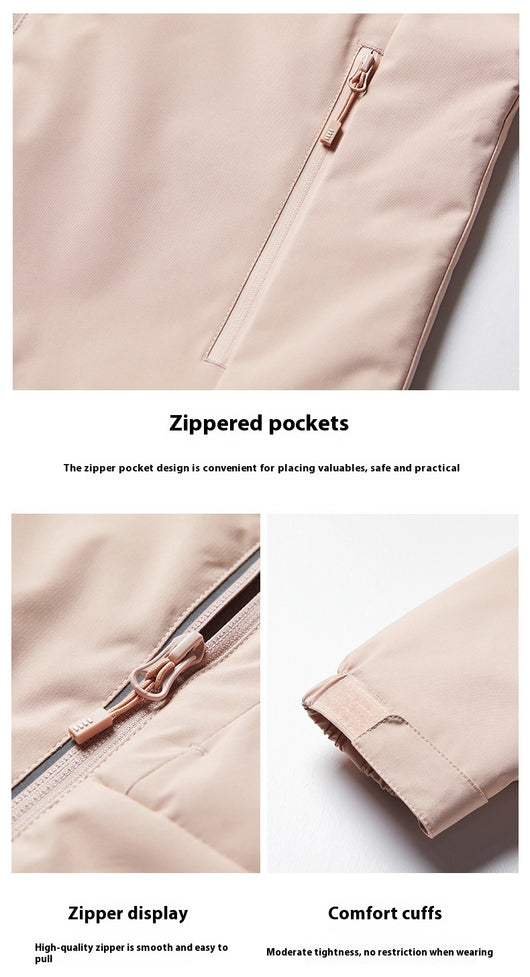 Lavender windproof sports jacket with a hood, full zipper, and fleece lining, shown on a hanger. - Image 25