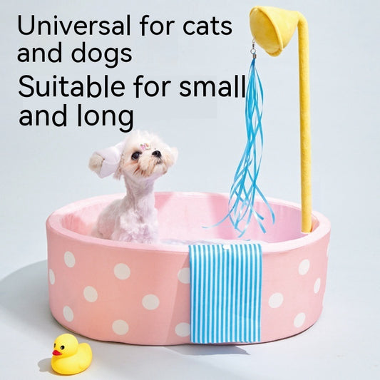 Pink polka dot pet bed shaped like a bathtub with a yellow showerhead toy and blue streamers, plus a blue striped 'towel'. - Image 2