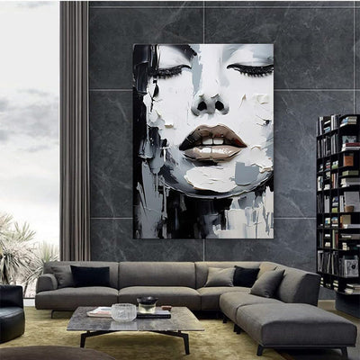 Cuadro Pintura al Óleo Abstracto Blanco y Negro Retrato Moderno de Mujer para Decoración del Hogar - Image 3