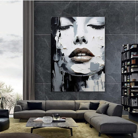 Cuadro Pintura al Óleo Abstracto Blanco y Negro Retrato Moderno de Mujer para Decoración del Hogar - Image 3