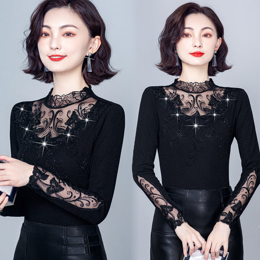 Blusa Cuello Alto con Encaje y Strass - Ajuste Slim para Otoño e Invierno - Image 2