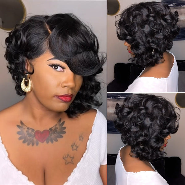 Peluca Corta Rizada Sintética Negra - Cabello Parcial