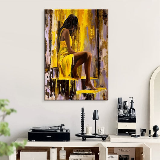 Cuadro Óleo Moderno Pintado a Mano - Chica en Vestido Amarillo para Sala y Dormitorio - Image 7