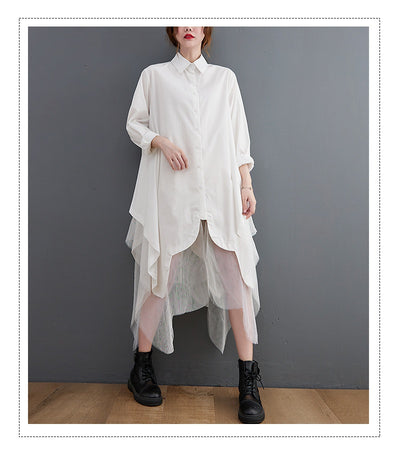 Vestido Camisero Holgado de Doble Capa con Malla Irregular - Image 19