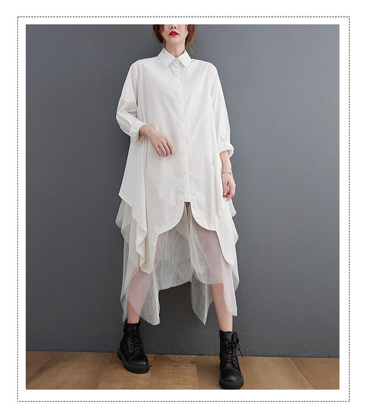 Vestido Camisero Holgado de Doble Capa con Malla Irregular - Image 19