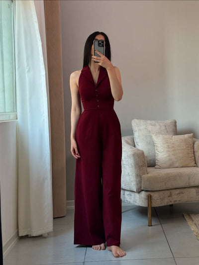 Jumpsuit Burgundy Elegante sin Espalda con Cordones