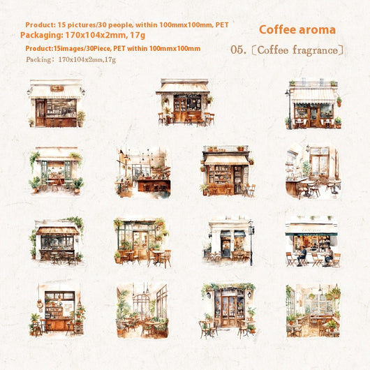 Sheet of 15 watercolor coffee shop stickers, featuring various cafe exteriors and interiors in a Nordic style. - Image 10