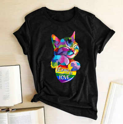 Playera Femenina Estampado Gato Colorido con Mensaje LOVE - Image 7