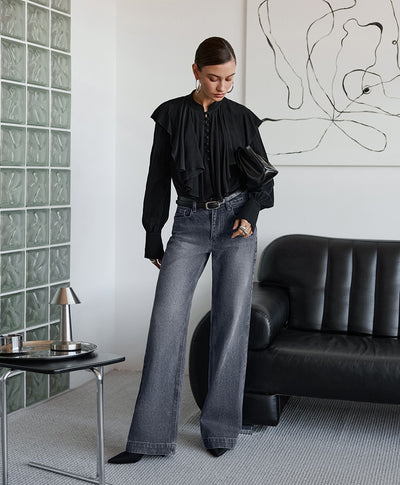 Blusa Negra Elegante con Volantes Drapeados Estilo Palacio - Image 11