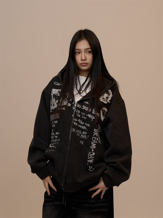Sudadera Mujer con Capucha y Cierre - Estampado de Letras Negro - Image 14