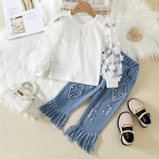 Conjunto Infantil con Top de Malla y Jeans con Detalles de Flecos - Image 5