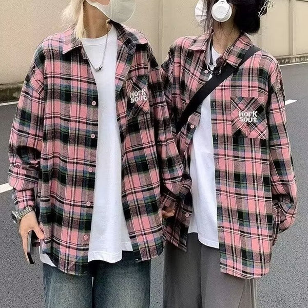 Camisa Vintage Tie-dye Cuadros Manga Larga Estilo Japonés para Hombre Otoño