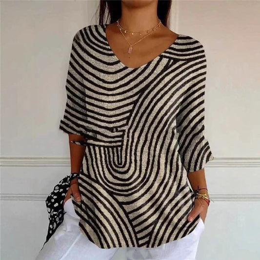Playera Casual para Mujer con Cuello V y Estampado Geométrico 3D Manga Corta