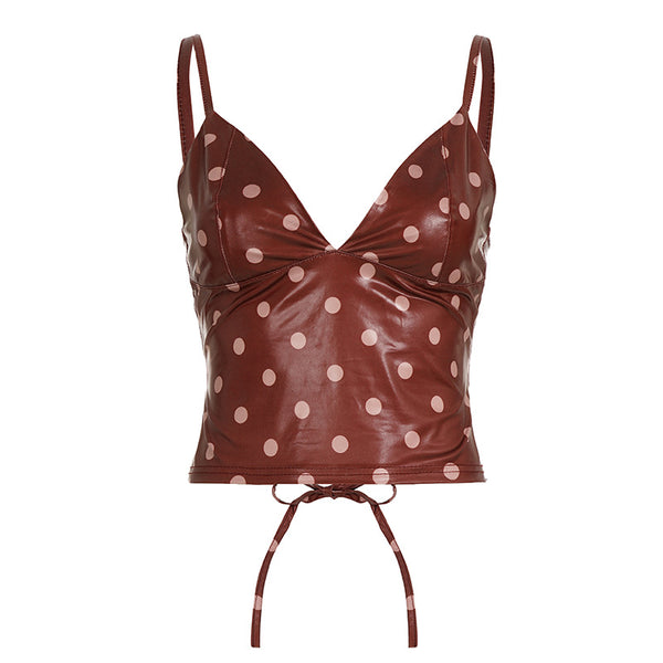 Camiseta de Cuero con Lunares y Escote en V para Mujer, Ajuste Ceñido - Image 6