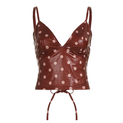 Camiseta de Cuero con Lunares y Escote en V para Mujer, Ajuste Ceñido - Image 6