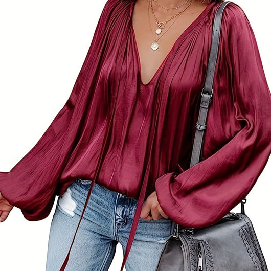 Blusa de Satén con Cuello en V y Mangas Largas para Mujer - Image 8